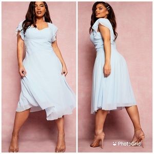 PLUS OCCASION ANGEL SLEEVE CHIFFON MIDI DRESS IN PASTEL BLUE
